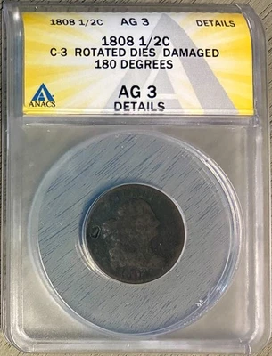 1808 Draped Bust Half Cent, C-3 180° Rotated Dies, ANACS AG-3 Details, Damaged - Image 1 of 2