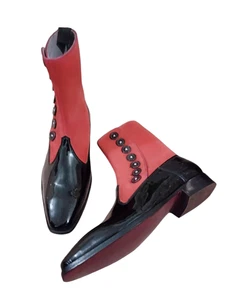 NEW-Handmade Men Two Tone Black Patent & Red Leather Ankle High Button Boots - Picture 1 of 3