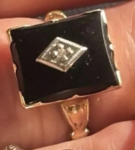 10k Yellow Gold Onyx Ring With Cabochon Center Diamond Vintage Size 0 - Picture 1 of 8