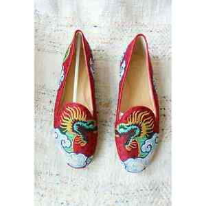 NEW Charlotte Olympia Red Dragon Embroidered Loafer Slippers Size 35