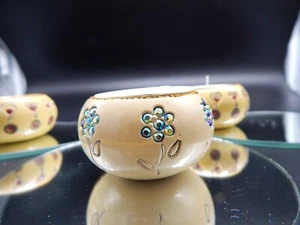 Vintage Quimper Style Tealight Candle Holders Set of 3 Inlaid Crystals - Picture 1 of 11