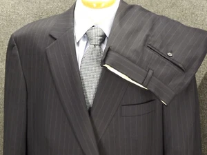 SAVILE ROW Men Suit 48R Navy Pinstripe Wool 40x29 Flat Pants 2 Button - Picture 1 of 13