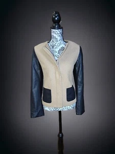 Talbots SZ 10 Woven Colorblock Zip-Up Blazer W/ Faux Leather Sleeves/ Blk & Tan - Picture 1 of 11