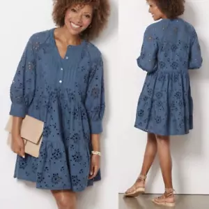 Anthropologie dRA Yara Mini Abito Babydoll Occhiellato Cotone Manica 3/4 Teal Boho XS - Foto 1 di 19