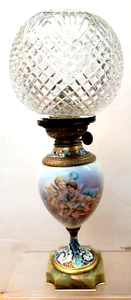 ANTIQUE-PORCELAIN,BRONZE,CHAMPLEVE 14 IN. OIL LAMP- A BEAUTY - Picture 1 of 6