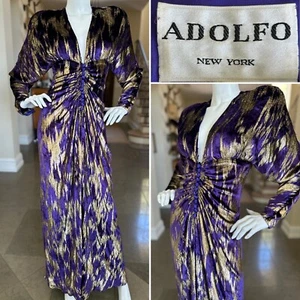 Adolfo Exquisite 1980's Gold and Purple Velvet Plunging Evening Dress - Picture 1 of 10