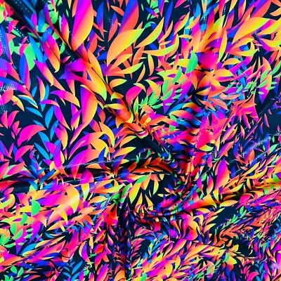 Multicolor Neon Metallic Leaves Print Nylon Spandex Fabric 4 Way Stretch By - Image 1 of 4