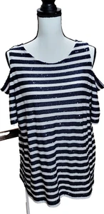 Chico's Top Womens Black White Stripe Tonal Sequin Cold Shoulder Short Sleeve XL - Picture 1 of 2