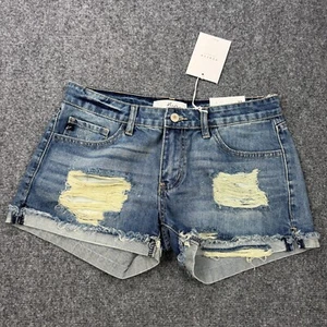 NEW Kan Can Shorts Womens Medium Blue Denim Raw Hem Distress Cuff Mid Rise - Picture 1 of 13