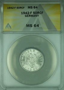 1942-F Germany 50 Reichspfennig Coin ANACS MS-64 (WB2) - Picture 1 of 2