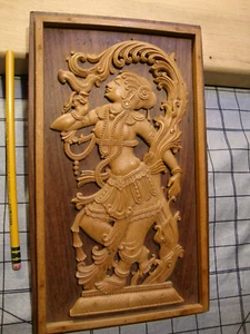 VERY FINE CARVED WOOD KRISHNA, Shiva women holding Bird  wall Hang - Picture 1 of 8