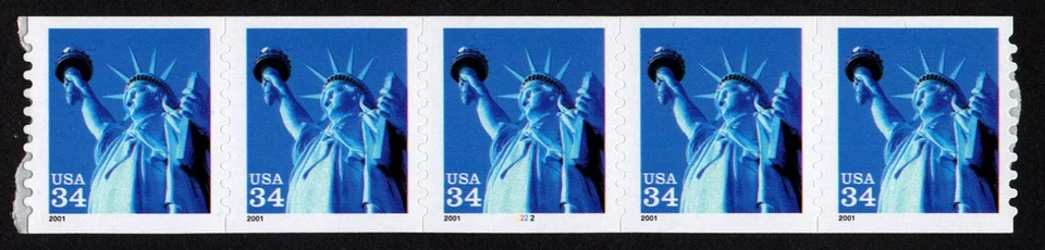 USA, SCOTT # 3477, MNH STRIP OF 5 STAMPS - PNC5 # 2222 STATUE OF LIBERTY 2001 - Image 1 of 1
