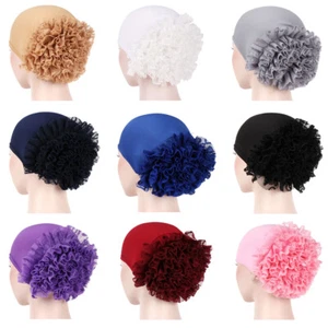Women Solid Color Turban Hat Slouchy Big Lace Flower Stretchy Hair Wrap Cap - Picture 1 of 11
