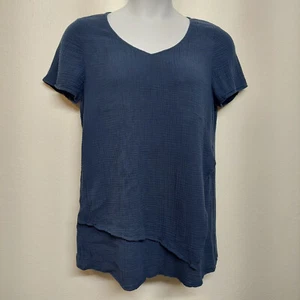 pure jill top Navy Blue Size M Light Weight Short Sleeve Coastal Chic Lagenlook - Picture 1 of 10