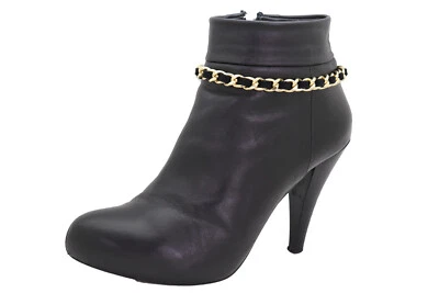 Women Gold Metal Boot Chain Black Fabric Strap Bracelet Shoe Anklet Skinny Band - Image 1 of 4