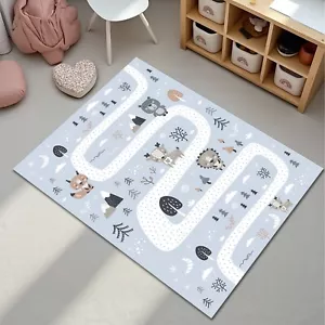Winter Animal Print Nursery Rug City Road Map Mat Nonslip Washable Kids Carpet - Picture 1 of 5