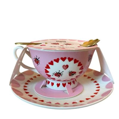 Taza de té y platillo Harvest Green Studio con cuchara Ladybugs corazones rosa rojo blanco Foto 1 de 4