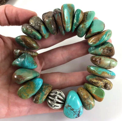 Pulsera grande azul Kingman turquesa pepita áspera con cuentas piedra elástica 7" D1001 Foto 1 de 4