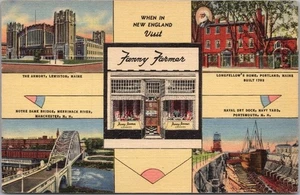 1945 FANNY FARMER CANDIES Linen Ad Postcard "When in NEW ENGLAND" Maine NH - Picture 1 of 2