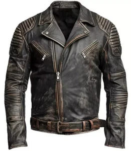 Herren Motorrad Biker Vintage Distressed Braun Cafe Racer Echt Leder Jacke - Bild 1 von 6