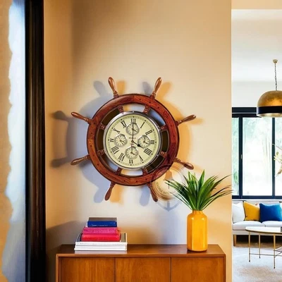 Premium Mahogany Ship Wheel World Wall Clock | Large Nautical Maritime Home 30" - Image 1 of 4