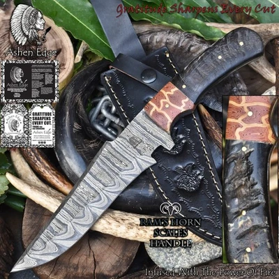 Cuchillo Ashen Edge Forjado Full Tang Twist Damasco Ram's Horn Exterior Foto 1 de 4