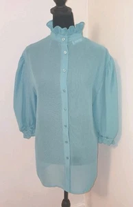 Camicetta prateria vintage volant collo alto anni 70 poliestere schiuma di mare verde trasparente 15/16 - Foto 1 di 7