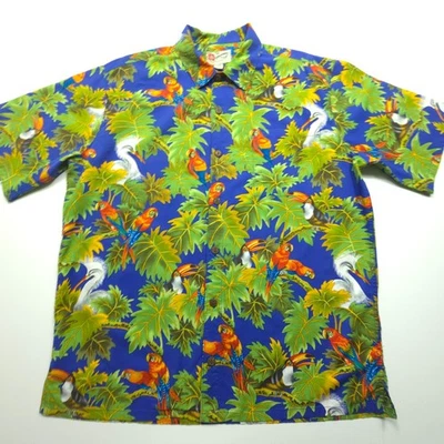 Camisa Hilo Hatties Para Hombres XL Azul Púrpura Tinte Pájaros Tropical Aloha Campamento Ocio Foto 1 de 4
