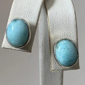 Larimar Sterling Silver Stud Earrings Oval Shape Artisan Design Minimalist - Picture 1 of 6