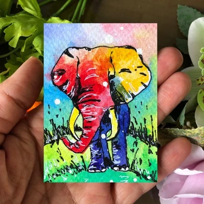 Hand-Painted ACEO Elephant – Original Colorful Watercolor Artwork, Wildlife - image 1 of 4