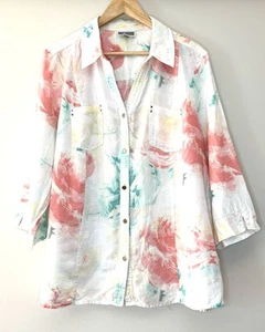JM Collection Tunic Top Plus 18W Watercolor Floral 100% Linen Button Shirt *** - Picture 1 of 6