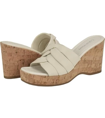 Sandalias Calvin Klein Cuero Marfil Hayes Corcho Plataforma Cuña Deslizable Sandalia Talla 8 Foto 1 de 4