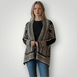 Cardigan Larry Levine donna L stampa geometrica aperto davanti floreale drappeggiato vestibilità nuovo - Foto 1 di 7