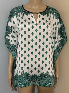 DANA BUCHMAN S Green White Paisley Scarf Print PONCHO BLOUSE Gold Bar Keyhole - Picture 1 of 11