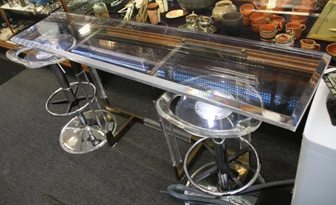Vintage Charles Hollis Jones Lucite Brass 72" 6ft Bar Entry Table & Chairs MCM Cover