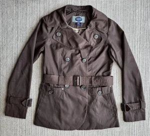 Green With Envy Womens Small Brown Peacoat Trench Coat Ruffled Collar Belted - Picture 1 of 22