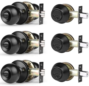 3 Pack Entry Door Knob and Double Cylinder Deadbolt Combination Set, Keyed Al... - Picture 1 of 8