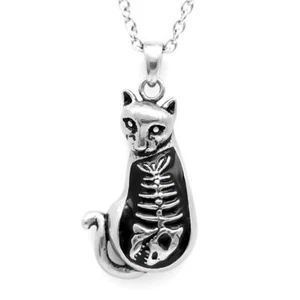 Cat Necklace Full Tummy Kitty Fish Bone Pendant Gothic Jewelry By Controse - Picture 1 of 6