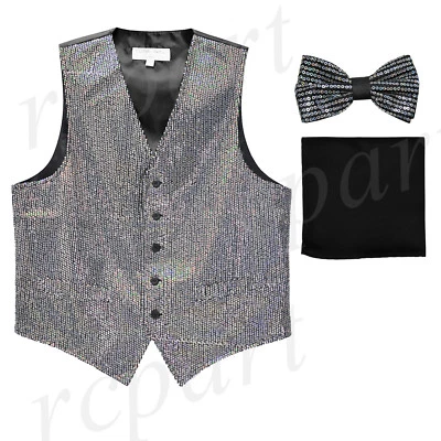 New formal Men Sequins Silver Tuxedo vest Waistcoat_bowtie & black hankie party - Image 1 of 4