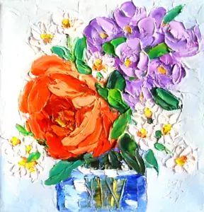 Peonia in vaso dipinto olio originale fiori arte da parete decorazione parete tela 6x6 pollici - Foto 1 di 3