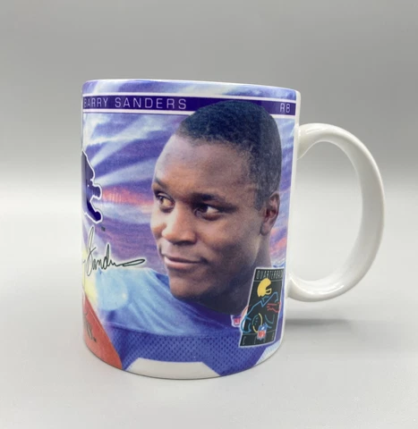 Vintage 90s Barry Sanders Coffee Mug Detroit Lions NFL Quarterback Club Football Cover