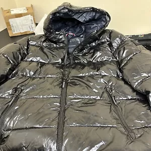 Tommy Hilfiger schwarze perlmuttfarbene gefütterte Jacke Mantel mit Kapuze Herren Größe X-Large XL - Bild 1 von 6