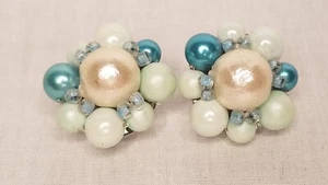 Vintage Clip On Earrings Turquoise Blue/Green & White "pearls" Cluster Japan - Picture 1 of 4