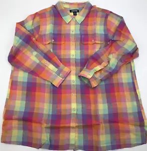 Damen Leinen Hemd 2X Button Down Oberteil Regenbogen Karo kariert rosa lila orange - Bild 1 von 9