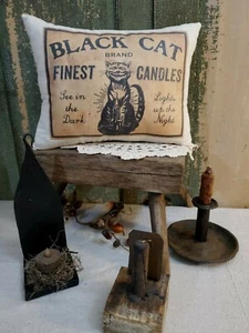 ADORABLE PRIMITIVE 1800'S VINTAGE COLONIAL STYLE BLACK CAT FINEST CANDLES PILLOW - Picture 1 of 8