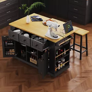 53'' Large Rolling Kitchen Island Cart with 2 Bar Stools Drop Leaf Power Outlet - Picture 1 of 24