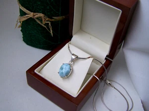 GORGEOUS MODERNIST 925 SOLID STERLING SILVER LARIMAR PENDANT 16" CHAIN NECKLACE - Picture 1 of 12