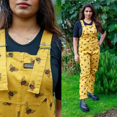 RUN AND FLY Dungarees Mustard Yellow Gold Bee Print Overalls 4XS-4XL Dungabees - Image 1 of 4