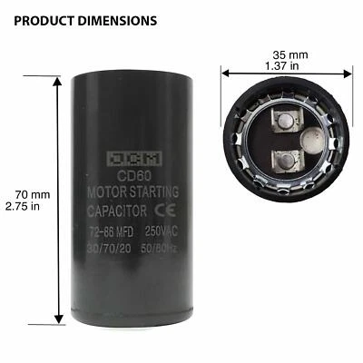 JCM 72-86 uF MFD 250V VAC Motor Start Capacitor Round 35x70mm CD60 AC Starting