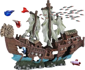 Freestanding Sunken Pirate Boat Ornament for 20-Gallon Fish Tanks - Hand-Painted - Picture 1 of 8